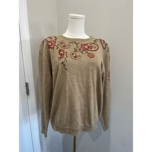 Alfred Dunner Women's Beige Embroidered Paisley Wool Blend Sweater Size L
